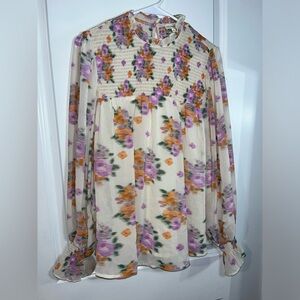 Entro Floral Smocked Mock Neck Lantern Bell Sleeve Chiffon Blouse Size Small